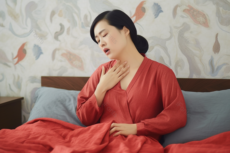 中年女性哮喘痛苦的躺在床上烦闷,高清,摄影图,摄影图片,图片大全,摄影图免费下载